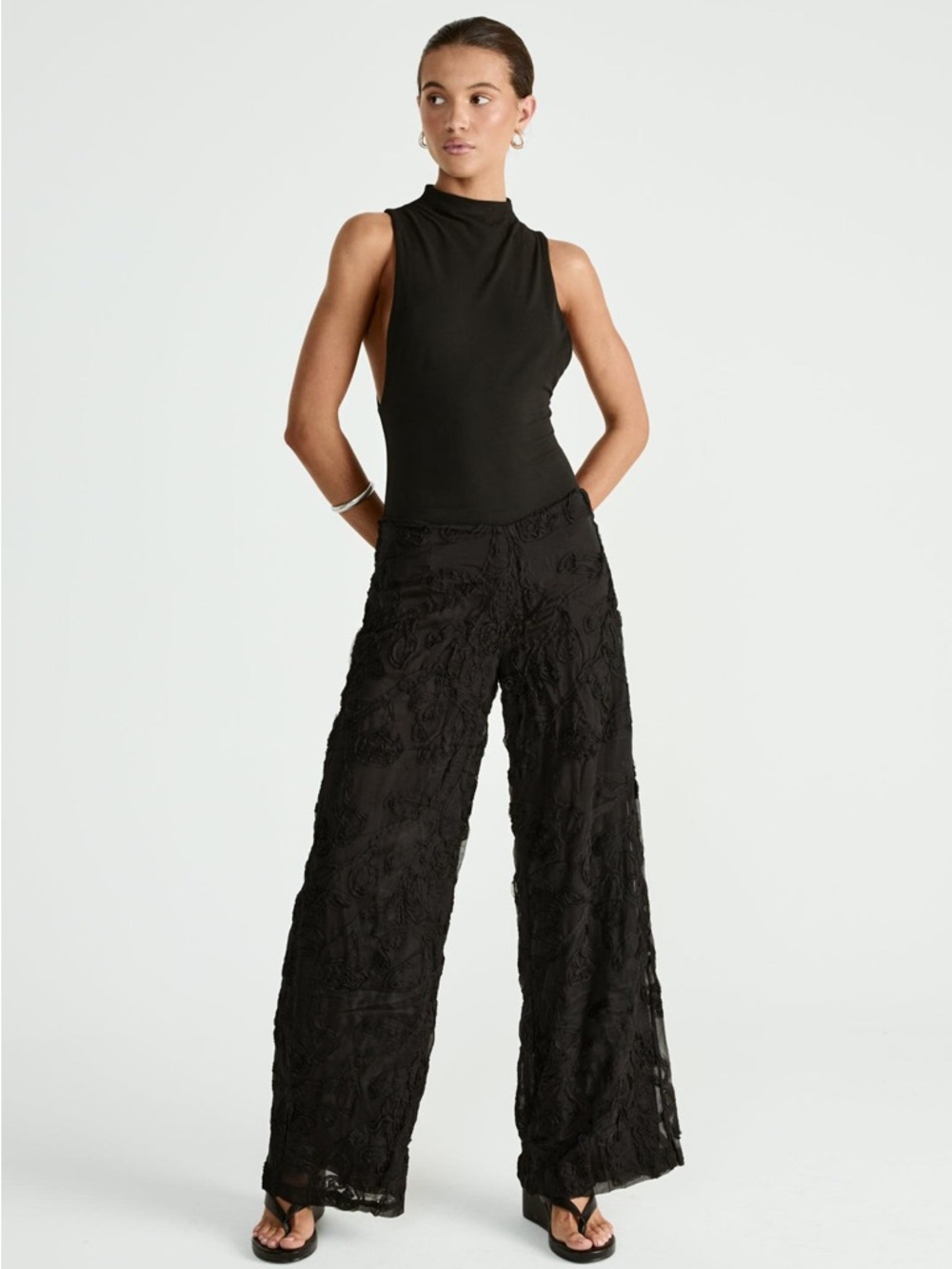 Textured Black Wide-Leg Pants for Women